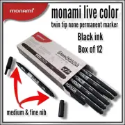MONAMI TWIN MARKER x 12 MEDIUM & FINE NIB (BLACK INK ) NONE PERMANENT UK SELLER