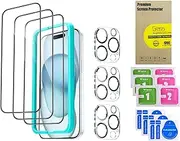 [3+3 Pack] Premium Tempered Glass Screen Protector for iPhone with Camera Lens Protector and Installation Alignment Frame Case Friendly and cleaning accessory kits,HD Clear- 3 Pack Each (iPhone 15)
