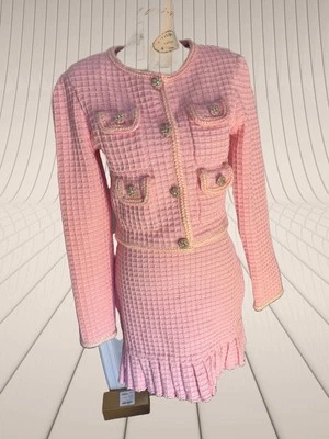 Self Portrait Pink Waffle, Knit Outfit Set Of 2 Jacket skirt, Size Medium