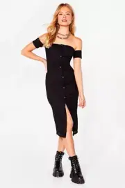 Nasty Gal Black Ribbed Off The Shoulder Snap Front Midi Dress Size 2