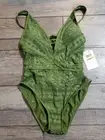 BECCA Color Play - Women's One Piece Swimsuit, Plunge Neck, Crochet, Sz S, Agave