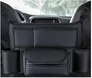 Leather Car Seat Organizer With Cup Holders And Tissue Storage - Versatile Hanging Handbag And Accessories Caddy(Black)