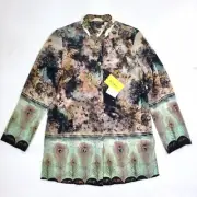 Citron Santa Monica Women's Medium Boho Peacock Feather Print Silk Blouse Sequin