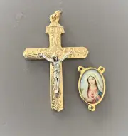 ITALY Heavy Gold Rosary Crucifix & Immaculate Heart Mary Sacred Centerpiece 2pc