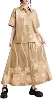 [GHAKKE] Women's Fashion Floral Print 2 Piece Outfits Casual Lapel Short Sleeve Loose Shirt Tops And Flowy Hem Maxi Skirt Set