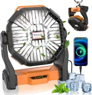 Portable Camping Fan with LED Lantern - USB Rechargeable 270°Pivot Desk Fan