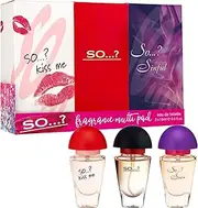 So…? Trio Three For Me Women's Eau de Toilette Gift Set – 3x15ml Travel-Size Perfumes – Includes Kiss Me, Original & Sinful – Fruity, Floral & Sweet Scents – Cruelty-Free & Vegan
