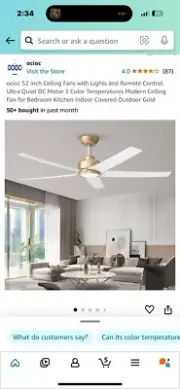 52" Lighted Ceiling Fan with Reversible Quiet DC Motor and Remote Control White