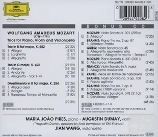 Mozart: Piano Trios K496 & K502 / Maria Joao Pires, Augustin Dumay, Jian Wang