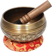 Bell Metal Singing Bowl Set with Mallet & Cushion Flower of Life Pattern Struck Bowl Tibetan Singing Bowl Buddhist Music Meditation Chanting Bowl 6.1 * 6.1 * 3.34in Copper One Size