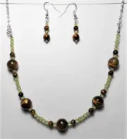Peridot + Tigers Eye beaded Necklace + earrings set, 22"