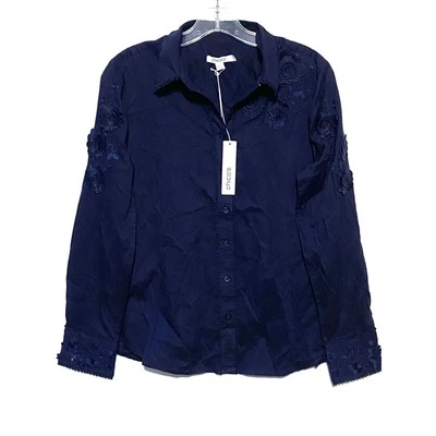 Chico's Floral Applique Blouse Womens 3D Embroidery Classic Navy Top Size S NWT