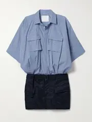 [Sacai] Sacai - Belted Pinstriped Poplin And Shell Mini Dress - Blue - 1 1 Blue
