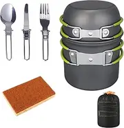 Camping Cookware Set,Lightweight Stackable Pots and Bowls with Fork Spoon Knife Cleaning Sponge,Cooking Equipment with Storage Bag for Outdoor Hiking for 1 to 3 People