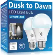 2 Pack Dusk to Dawn Light Bulbs Outdoor, 5000K-Daylight, 720LM, 9W(60W Equivalen