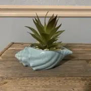 Glazed Pottery Conch Sea Shell Blue Small Planter