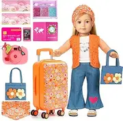 ARTST 18 Inch Girl Doll Accessories American Doll Clothes Suitcase Luaggage,Camera,Passport,Mobile Phone,Shoes,Jean Handbag Toys Set for 3-10 Girls