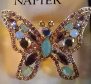 Napier Rhinestone Butterfly Brooch Pin Purple and Green New in Gift Box