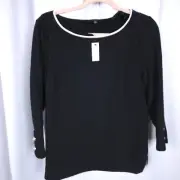 NWT Talbots Womens Medium Black Crewneck Pearl Button Sleeve Business Top Blouse