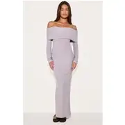 Light Grey Soft Touch Bardot Long Sleeve Maxi Dress, Light Grey