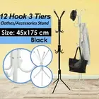 12 Hook Coat Hanger Stand 3-Tier Hat Clothes Rack Metal Tree Style Storage Kit