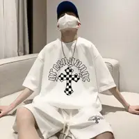 在飛比找ETMall東森購物網優惠-時尚套裝男夏季青少年短袖短褲運動服大碼潮牌美式復古情侶兩件套