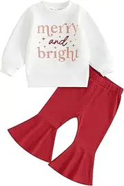 [Gueuusu] Toddler Baby Girl My 1st Christmas Outfit Santa Baby Long Sleeve Sweatshirt Flared Rib Pants Fall Winter Clothes Set (G-Red, 9-12 Months), G-red, 9-12 Months, G-red, 9-12 Months