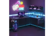 Advwin L Shaped Gaming Desk with LED Lights & Power Outlets Reversible Computer Desk with Storage Shelf Corner Desk Black