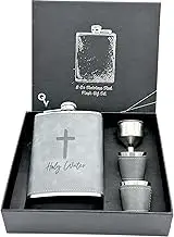 Holy Water Flask Gift With 2 Cups. 8 Oz Hip Funny Flask, Stainless Steel & Stamped Leather Wrapped Style With Gift Box. ChristmasGift For Men, Dad, brother or Groom. (Holy Water)