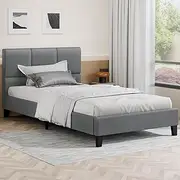 ALFORDSON Bed Frame Base King Single Size Platt Series, Mattress Topper Platform Foundation with Linen Fabric Upholstery for Bedroom, Fabric Grey