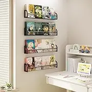 Luwesde Wall Mounted Bookshelf Set of 4, Hanging & Floating Book Shelves for Kid Nursery & Bedroom, Metal Organizer & Decor - Black