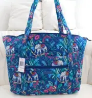 VERA BRADLEY Large Miller Travel Bag Tote - Kerala Elephants - Blue & Pink - NWT