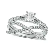 1.0 CT. T.W. Natural Diamond Crossover Bridal Engagement Ring Set in Solid 10K White Gold