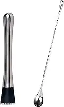 Stainless Steel Cocktail Muddler with Mixing Spoon, 20cm Handle Lemon Mashing Hammer, 30cm Stirring Spoon and Muddler Set for Bar