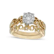 0.33 CT. T.W. Natural Diamond Frame Antique Vintage-Style Vine Bridal Engagement Ring Set in Solid 10K Yellow Gold