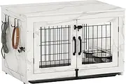 Piskyet Wooden Dog Crate Furniture with 360°Rotatable Removable Dog Bowls, Dog Crate End Table with Tray, Double Doors Dog Kennels Indoor (M:32L*22W*24H, Marble White)