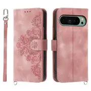 For Google Pixel 9 Leather Phone Cover Wallet Cover with 2 Straps Flower Pattern Card Holder
