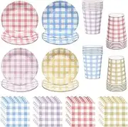 Houuqe 72pcs Gingham Dessert Paper Plates and Napkins Set 9 Inch Colorful Round Picnic Paper Plate Disposable Plaid Cocktail Napkin Checkered Dinner Party Set for Picnic Wedding Birthday (4 Colors)