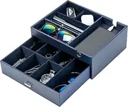ProCase Double Layer Shelf Tray PU Leather Desk Organiser with 2 Levels Faux Leather Office Storage Box Desk Organiser System for Mobile Phone Watch Key Wallet -Darkblue