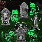 8PCS Halloween Decorations Outdoor Yard Signs 4pcs Glow in the Dark Black Cat 4pcs Graveyard Tombstones Signs with Stakes Scary Decorations with Witch Hat for Lawn Party Supplies Outdoor Decoration