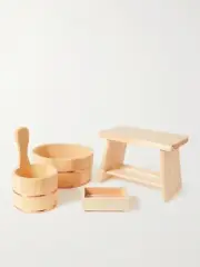 JAPAN BEST Hinoki Cypress Wood And Copper Bathroom Set 2 Pails, Soap Tray, Stool