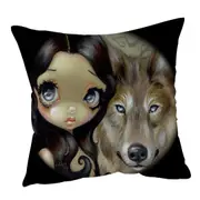 Dark Haired Beautiful Girl and Silver Eyed Wolf Cushion Cover