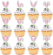 WODJR 48Pcs Easter Cupcake Toppers Easter Party Decorations Easter Bunny Ear Cupcake Toppers Glitter Rabbit Ears Cupcake Picks Easter Bunny Cake Topper Cake Pick for Easter Party Supplies Easter Decor