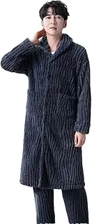 [Generic] Men Button Cardigan Robes + Pants Thicken Flannel Bathrobe Long Sleeve Kimono Warm Home Wear