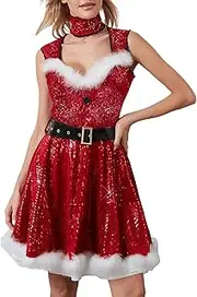 [Edhomenn] Women's Christmas Santa Dress Deluxe Mrs. Claus Costumes Off Shoulder Long Sleeve Bodycon Mini Dress Christmas Mini Dress