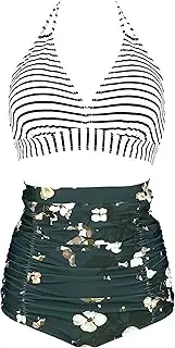 [COCOSHIP] Retro 50s Black Pink Blue Floral Halter High Waist Bikini Set Halter Carnival Swimsuit(FBA)