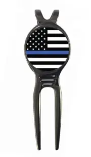 Thin Blue Line USA Flag Golf Ball Marker + Black Gunmetal Divot Tool Police