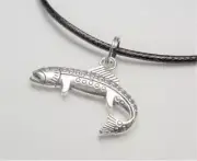 NAUTICAL SILVER RHODIUM RAINBOW TROUT LAKE FISH BLACK LEATHER CORD NECKLACE