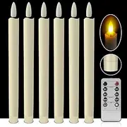 Flameless White Taper Candles Flickering with 10-Key Remote, Battery Operated Led Warm 3D Wick Light Window Candles Real Wax Pack of 6, Christmas Home Wedding Decor (Lvory)