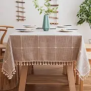 JaeMoose Solid Rectangular Cotton Linen Tablecloth with Plaid Pattern and Tassels for Kitchen Dining Room Table Decoration (Coffee Brown Check, 140 x 220 cm)